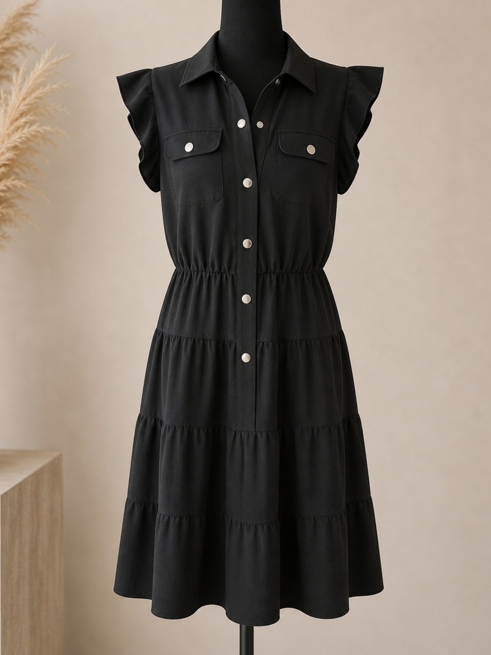 Tahari Black Tiered Button-Front Shirt Dress with Ruffle Sleeves